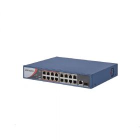 Switch POE 16 porturi  Hikvision, DS-3E0318P-E/M(B); L2, L2, Unmanaged, 16 10/100M RJ45 PoE ports, 1 Gigabit RJ45 uplink port, 1 Gigabit SFP uplink port, 802.3af/at, PoE power budget 130W, "Extend" Mode: ports 9- 16 support up to 250meter, 6KV surgy prote