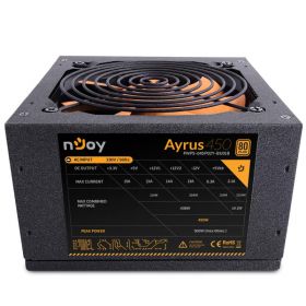 Sursa atx Njoy 450W, Ayrus 450, Eff 80%, 12V 2.3, ventilator 12mm, nivel zgomot 21dB, 1 x 4 + 4 pin ATX 12 V, 4 x sata, 2 x molex, 1 x 20 + 4 pin ATX, 1 x 6 pin + 2 PCI-E