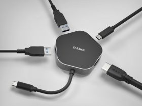 D-Link USB-C to x2 SuperSpeed USB 3.0 ports, x1 HDMI, supports up to 4K resolutions, x1 USB Type-C port with data sync and power delivery up to 60W, x1 built-in USB Type-C cable connector, Weight 50G.
