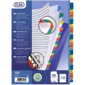 Index carton alb Mylar numeric 1-31, margine PP color, A4 XL, 170g/mp, ELBA