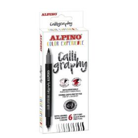 Marker cu 2 capete, pentru caligrafie, varf fine/tip pensula, 6 culori/set, ALPINO Color Experience