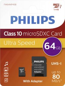 Card memorie Micro SDXC, cu adaptor SD, clasa 10, PHILIPS - 64GB