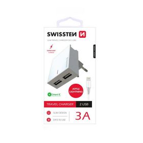 Swissten Smart IC / Set incarcator+Cablu USB to Lightning, 2xUSB, 3A, Cablu Lightning 1.2m, Suport telefon, Alb