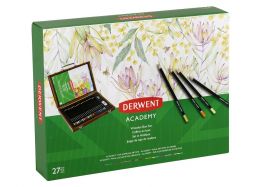 Set complet pentru desen DERWENT Academy, cutie din lemn, creioane colorate, 28 buc/set, culori meta