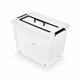 Container plastic cu capac, transparent, ORPLAST Simple box - capacitate 80L - cu maner si rotile