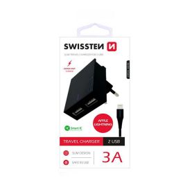 Swissten Smart IC / Set incarcator+Cablu USB to Lightning, 2xUSB, 3A, Cablu Lightning 1.2m, Suport telefon, Negru