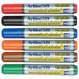 Marker pentru tabla de scris ARTLINE 519 - Dry safe ink, varf tesit 2.0-5.0mm, 6 culori/set
