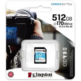 SD Card Kingston, 512GB, Canvas GO Plus, Clasa 10 UHS-I, Speed up to 170 MB/s, 3.3V, exFAT