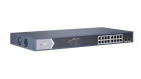 Switch 16 porturi PoE Gigabit Hikvision DS-3E0518P-E/M, L2, Unmanaged, 16 × Gigabit PoE ports, 2 × Gigabit SFP fiber optical ports, RJ45 port, full duplex, MDI/MDI-X adaptive, putere PoE 125W, maxim 30W per port, management putere PoE, capacitate: 36 Gb
