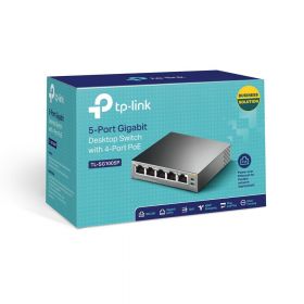 TP-LINK 5-Port Gigabit Desktop Switch with 4-Port PoE, TL-SG1005P, 5* 10/100/1000Mbps RJ45 Ports, AUTO Negotiation/AUTO MDI/MDIX, Standard: 802.3 af compliant, Backbound Bandwidth: 10Gbps, Power Supply: 56W, Fanless