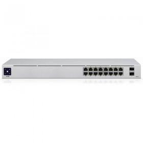 Ubiquiti UniFi Switch, USW-16-POE, 802.3at PoE Gigabit Switches with SFP, Auto-Sensing IEEE 802.3af/at PoE, SFP Ports for Gigabit Fiber Connectivity, Fanless, Silent Thermal Cooling, 16 RJ45 ports with 2 SFP ports.