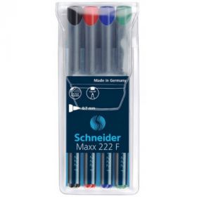 Universal permanent marker SCHNEIDER Maxx 222 F, varf 0.7mm, 4 culori/set - (N, R, A, V)