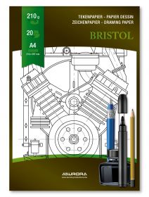 Bloc desen A4, 20 file - 210g/mp, pentru schite creion/marker, AURORA Bristol - carton alb