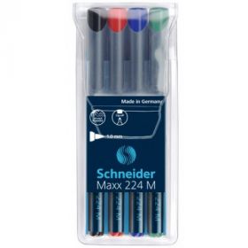 Universal permanent marker SCHNEIDER Maxx 224 M, varf 1mm, 4 culori/set - (N, R, A, V)