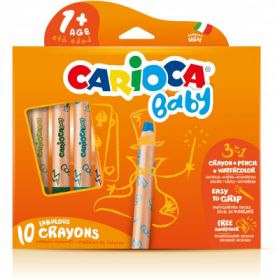 Creioane colorate CARIOCA Baby 1+, 3 in 1, 10 culori/cutie, ascutitoare inclusa