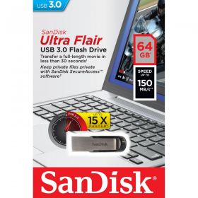 USB Flash Drive SanDisk Ultra Flair, 64GB, 3.0, Reading speed: up to 150MB/s, Negru