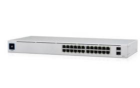 Ubiquiti UniFi Switch, USW-24-POE, 802.3at PoE Gigabit Switches with SFP, Auto-Sensing IEEE 802.3af/at PoE, SFP Ports for Gigabit Fiber Connectivity, Fanless, Silent Thermal Cooling, 24 RJ45 ports with 2 SFP ports.
