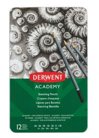 Creioane Grafit 6B-5H DERWENT Academy, cutie metalica, 12 buc/set, negru