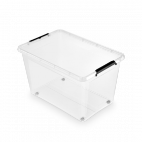 Container plastic cu capac, transparent, ORPLAST Simple box - capacitate 32L - cu maner si rotile