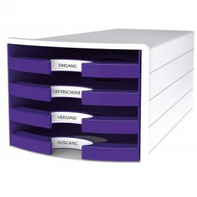 Suport plastic cu 4 sertare pt. documente, HAN Impuls 2.0 (open) - alb - sertare violet
