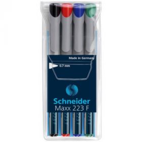 Universal non-permanent marker SCHNEIDER Maxx 223 F, varf 0.7mm, 4 culori/set - (N, R, A, V)