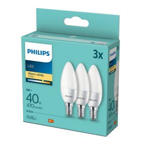 Pachet 3 becuri LED Philips B35, E14, 5W (40W), 470 lm, lumina alba calda (2700K)