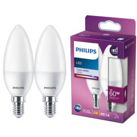 Pachet 2 becuri LED Philips B38, E14, 7W (60W), 806 lm, lumina alba rece (4000K)