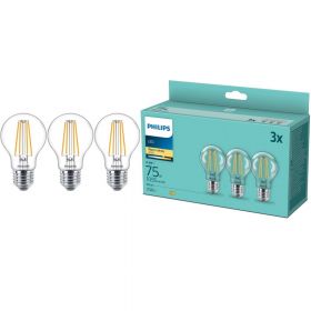 Pachet 3 becuri LED filament Philips, A60, E27, 8.5W (75W), 1055 lm, lumina alba calda (2700K)