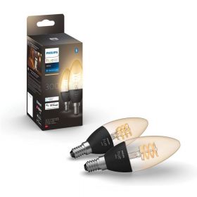 Pachet 2 becuri LED inteligente vintage Philips Hue Filament Candle, Bluetooth, Zigbee, E14, 4.5W (28W), 300 lm, lumina alba calda (2100K)