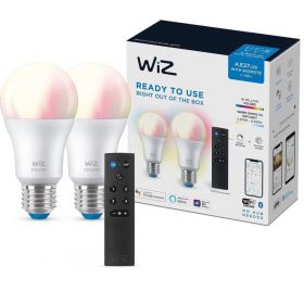 Pachet 2 becuri LED inteligente WiZ Connected A60, Wi-Fi + Bluetooth, E27, 8W (60W), lumina alba si colorata, compatibil Google Assistant/Alexa/Siri + Telecomanda