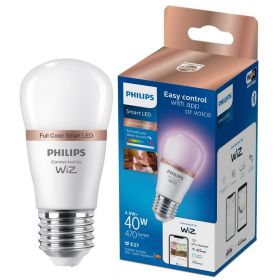 Bec LED RGB inteligent Philips Bulb, Wi-Fi, Bluetooth, P45, E27, 4.9W (40W), 470 lm, lumina colorata