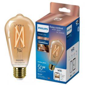 Bec LED inteligent vintage Philips filament chihlimbariu, Wi-Fi, Bluetooth, ST64, E27, 7W (50W), 640 lm, temperatura lumina reglabila (2000-5000K)