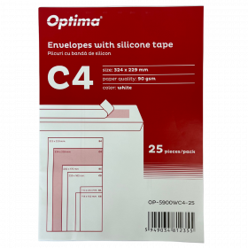 Plic C4 (324x229mm), lipire siliconica, 25 buc/set, Optima - alb

